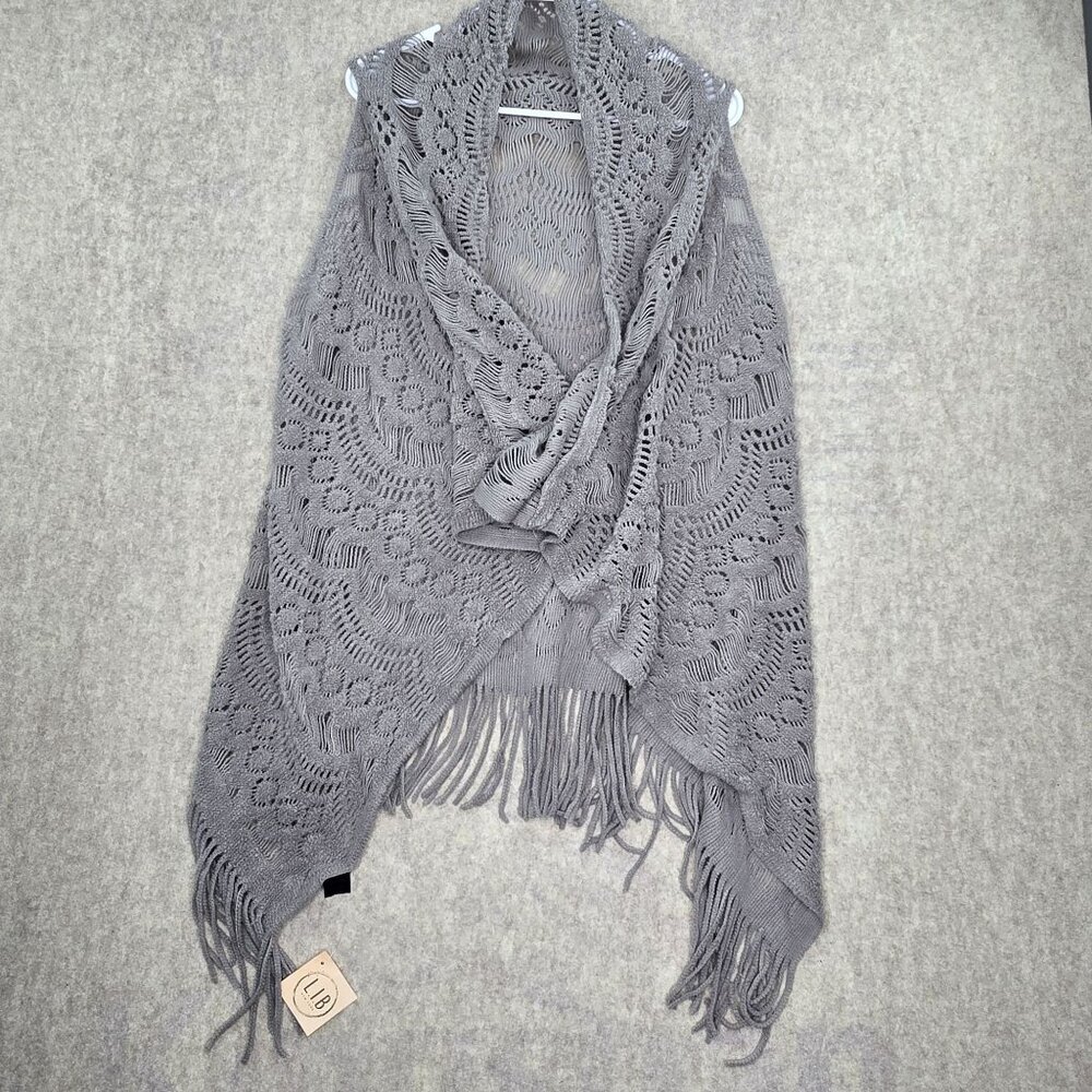 L.I.B New York Gray Knit Fringe Shawl Wrap Lightweight Textured Design